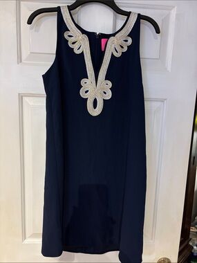 Lilly Pulitzer Navy Dress with Hot Pink Label beautiful gold embroidery